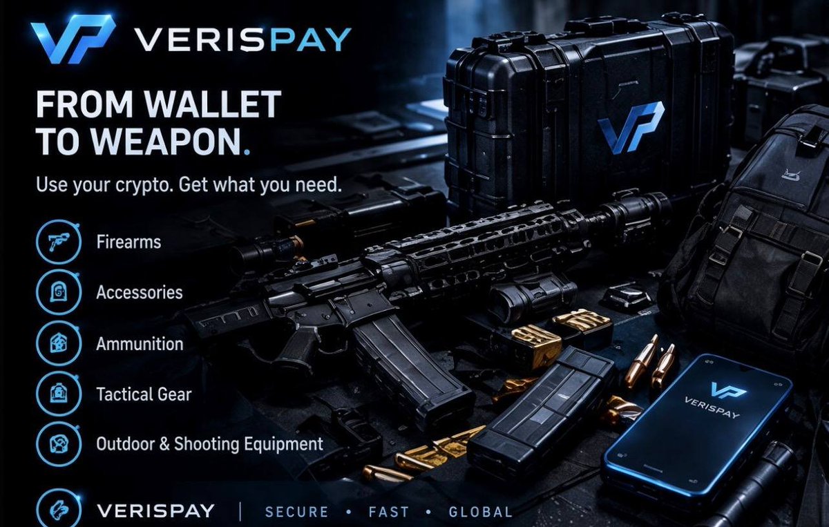 Verispay's tweet photo. VerisPay lets you use crypto to buy firearms, ammo, accessories, and tactical gear,  securely and without the usual friction.
No complicated workarounds.
Just a direct path from your wallet to what you need.

Built for privacy and preparedness.
#VerisPay https://t.co/pLlc9KKV8h