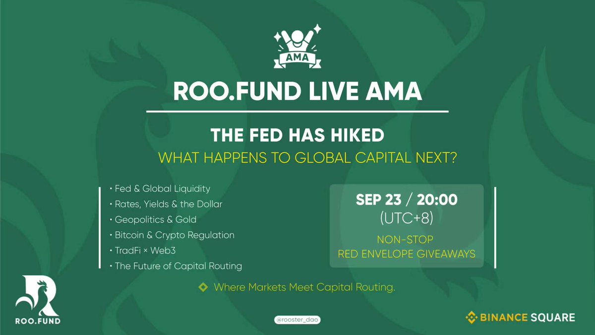 roo_fund's tweet photo. 🔥 https://t.co/qVdic8MQlw LIVE AMA | Sep 23
The Fed has hiked.
Markets are repricing.
Where does global capital go next?
🎁 NON-STOP RED ENVELOPES DURING THE LIVE!
📅 Sep 23, 20:00 (UTC+8)
📍 Entry: https://t.co/El6LhK5lLZ
#ROOFUND #DeFOF #TradFi #Web3 https://t.co/tT6eqkiQji