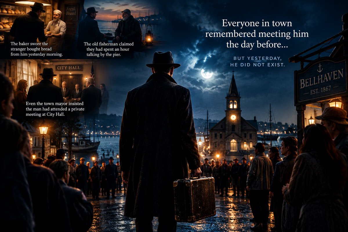 Hansonsmiz's tweet photo. 🕯️ THE MAN WHO ARRIVED YESTERDAY

At exactly 11:47 p.m., a stranger walked into the small coastal town of Bellhaven.

Nobody knew his name.

Nobody had seen him arrive.

But the strangest part was this:

Everyone in town remembered meeting him the day before.

The baker swore the stranger had bought bread from him yesterday morning.

The old fisherman claimed they had spent an hour talking by the pier.

Even the town mayor insisted the man had attended a private meeting at City Hall.

There was only one problem.

Yesterday, according to every clock, calendar, newspaper, and photograph in Bellhaven...

the stranger did not exist.

Then, at midnight, he walked into the town square carrying an old black suitcase.

He looked around at the frightened faces and whispered:

 “I’m sorry. I’m early this time.”

Nobody understood what he meant.

Until the church bell rang thirteen times.

And every light in Bellhaven went out.