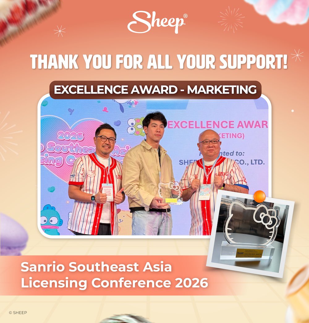 Applesheepth's tweet photo. SHEEP SWEET TREAT FINAL EP
#SHEEP #SHEEP_SWTFINALEP

วันนี้มารับรางวัล EXCELLENCE AWARD สาขา MARKETING จาก Sanrio Southeast Asia Licensing Conference 2026 กับโปรเจกต์ SHEEP: SWEET TREAT เมื่อต้นปีที่ผ่านมา เป็นรางวัลที่มีความหมายสำหรับพวกเราในฐานะแบรนด์ไทยมาก ๆ 

ขอบคุณลูกค้าทุกท่านที่คอยสนับสนุนพวกเราเป็นอย่างดีเสมอมา รวมถึงพาร์ทเนอร์และศิลปินทุกท่านที่มีส่วนร่วมในโปรเจกต์นี้ทุกท่าน โดยเฉพาะ COLLECTION PRESENTERS และ SPECIAL FRIENDS ทั้ง 5 พั้นรักแมว ไดมอนด์ เจนเย่ และเติ้ล-เฟิร์สวัน รวมถึงทีม ShadesGL น้อง ๆ แก๊งนางฟ้าในงาน SPECIAL EVENT และที่ขาดไม่ได้เลยคือพี่ ๆ ติดฝน ที่ส่งเราไปติดเทรนด์ข้ามวันข้ามคืน กราบขอบคุณจากใจจริง 

และตอนนี้พวกเราพร้อมแล้วสำหรับบทสรุปของเรื่องราวนี้ ในงาน SHEEP: SWEET TREAT FINAL EP. พร้อมฉาย 29.09.2026 นี้

Too Much Love From SHEEP TEAM