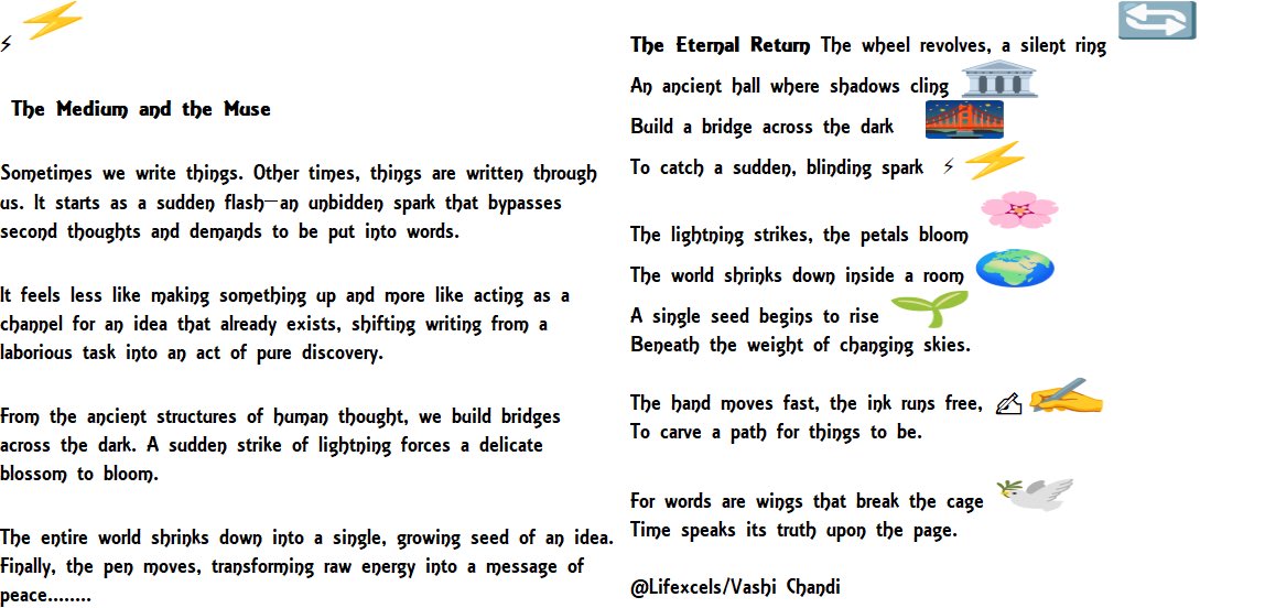 Lifexcels's tweet photo. 🔄 🏛️ 🌉  ⚡🌸 🌍 🌱 ✍️ 🕊️ Icons speak through a story; emojis restore the narrative that spans the essence of the parable ensconced within the contours of the subconscious—thus unfolding within so many of us.From ancient structures of thought, we build bridges✍️ The pen moves… https://t.co/2Uh7T2mglc