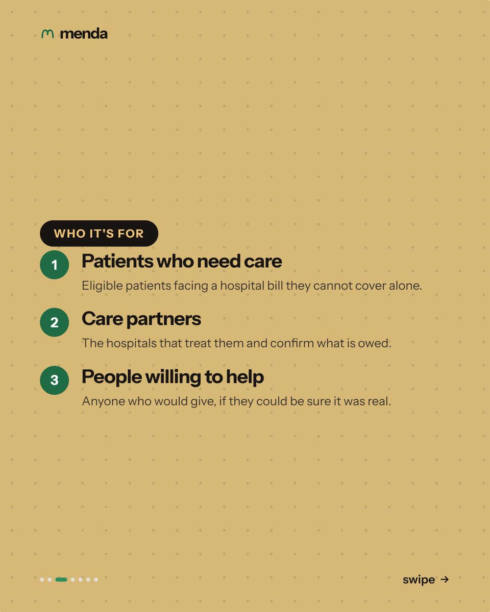 getmenda's tweet photo. Introducing Menda, a Nigerian medical crowdfunding platform helping people raise funds for verified hospital bills.

Menda connects people who need medical financial support with donors, while donations go directly to the hospital.

#Menda #GetMenda #MedicalCrowdfunding https://t.co/6KTpcRPBZ0