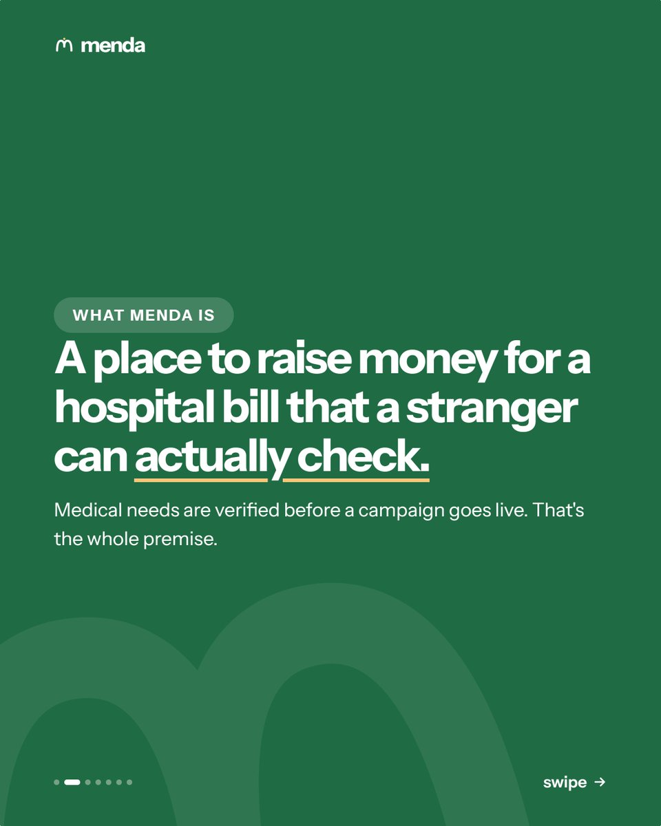 getmenda's tweet photo. Introducing Menda, a Nigerian medical crowdfunding platform helping people raise funds for verified hospital bills.

Menda connects people who need medical financial support with donors, while donations go directly to the hospital.

#Menda #GetMenda #MedicalCrowdfunding https://t.co/6KTpcRPBZ0