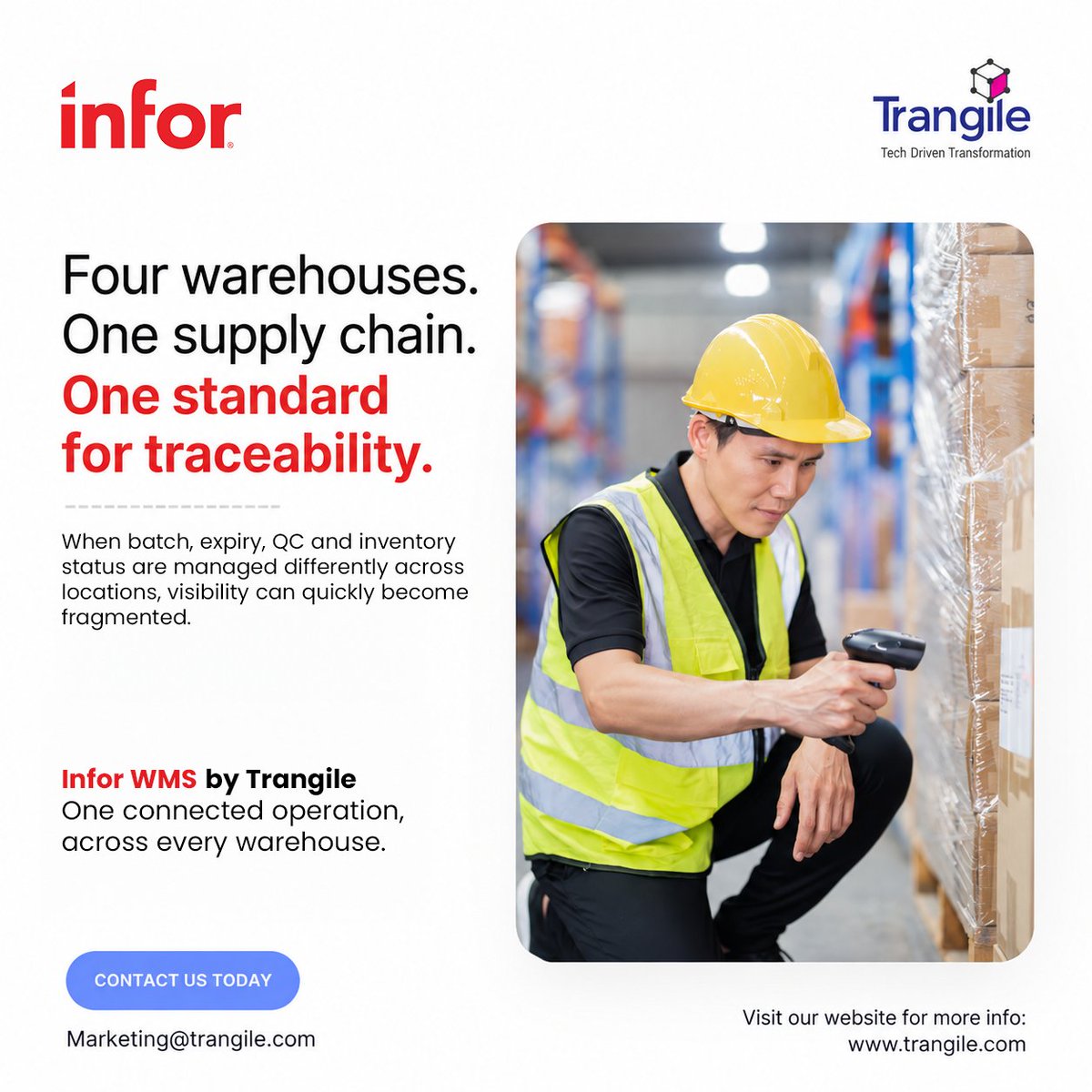 TrangileService's tweet photo. With Infor WMS, Trangile helps enterprises bring every warehouse onto one process standard.

Learn more: https://t.co/CWCJSbZXWp

Contact us for more information: marketing@trangile.com

#WarehouseManagement #SupplyChainVisibility #Traceability #QualityControl #MultiWarehouse https://t.co/4jPRw2Q56Q