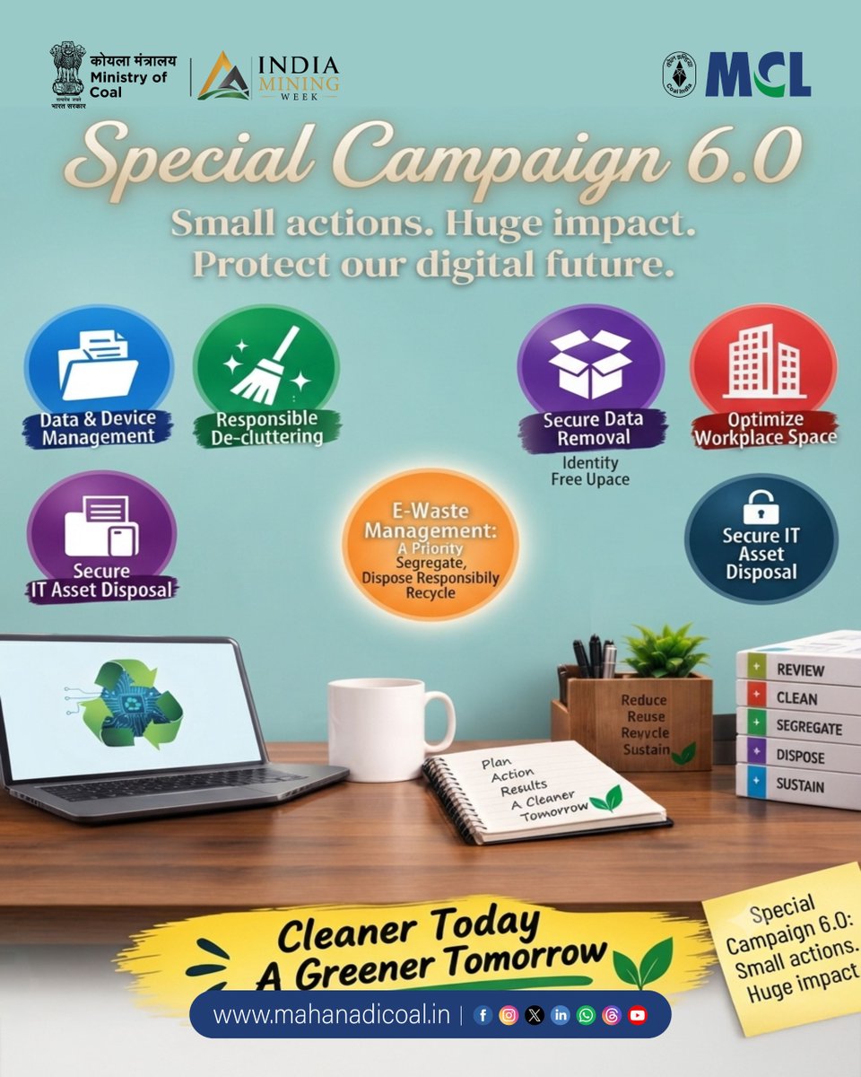 mahanadicoal's tweet photo. Special Campaign 6.0 | E-Waste Management
Cleaner Today, Greener Tomorrow.
Manage e-waste responsibly today to protect our environment and build a sustainable future.
#specialcampaign6 #SwachhataHiSeva #SwachhataHiSeva2026 #SHS2026 #Swachhotsav #SwachhBharat #mymcl #coalindia #EwasteManagement #CoalIndia
@kishanreddybjp @satishdubeyy @CoalMinistry @CoalIndiaHQ @DARPG_GoI @MoJSDDWS @SwachhBharatGov @swachhbharat @MoHUA_India