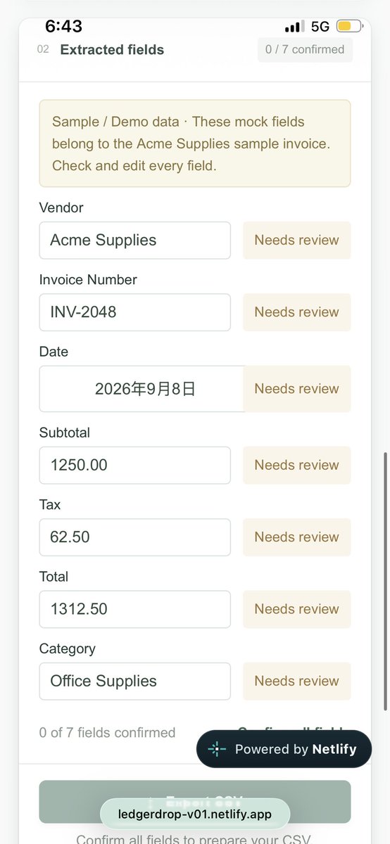 JerryBuildspmn's tweet photo. A small milestone from my phone 📱

LedgerDrop v0.1 demo: sample invoice → review 7 fields → export a clean CSV.

Real invoice extraction isn’t ready yet.
Looking for 1 person who handles invoices monthly to test the next version.

DM me 👋

#BuildInPublic #Bookkeeping https://t.co/WSxGt3QdX2