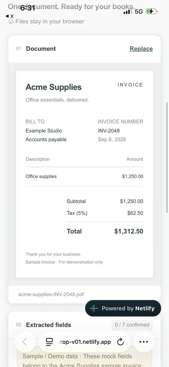 JerryBuildspmn's tweet photo. A small milestone from my phone 📱

LedgerDrop v0.1 demo: sample invoice → review 7 fields → export a clean CSV.

Real invoice extraction isn’t ready yet.
Looking for 1 person who handles invoices monthly to test the next version.

DM me 👋

#BuildInPublic #Bookkeeping https://t.co/WSxGt3QdX2