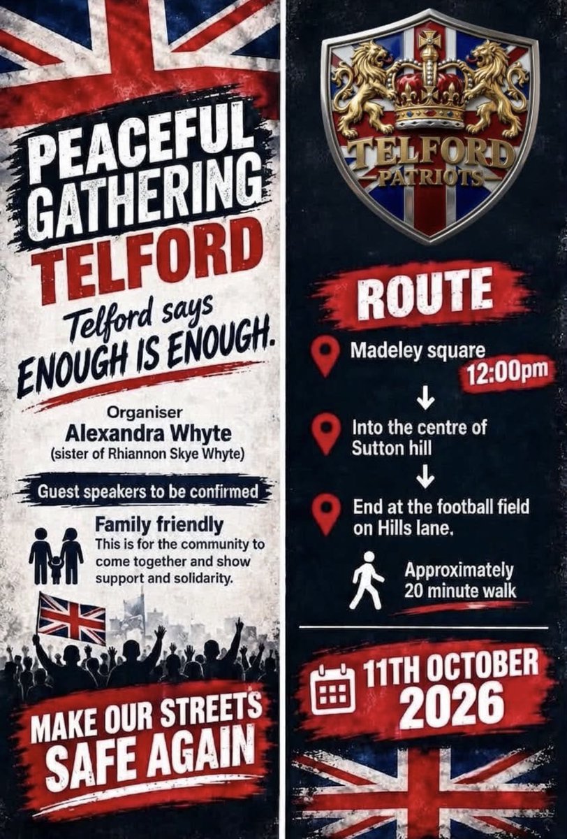 wethepeople99x's tweet photo. 📣📣CALLING ALL PATRIOTS📣📣
   FOLLOWING RECENT EVENTS IN 
   TELFORD, RHIANNON WHYTE’S
         SISTER ALEXANDRA HAS                        ORGANISED A PROTEST AND WE
             NEED YOUR SUPPORT
PLEASE STAND WITH US,SUPPORT
                         AND SHARE
                     11TH OCTOBER
🏴󠁧󠁢󠁥󠁮󠁧󠁿🇬🇧🏴󠁧󠁢󠁥󠁮󠁧󠁿🇬🇧🏴󠁧󠁢󠁥󠁮󠁧󠁿🇬🇧✝️🇬🇧🏴󠁧󠁢󠁥󠁮󠁧󠁿🇬🇧🏴󠁧󠁢󠁥󠁮󠁧󠁿🇬🇧🏴󠁧󠁢󠁥󠁮󠁧󠁿