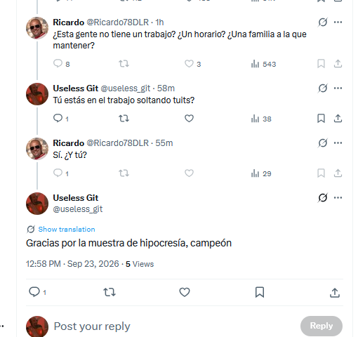 useless_git's tweet photo. Hace unas preguntas estúpidas. Miente en primera instancia, o segunda, o ambas. Da posible respuesta a su propias preguntas. Bloquea. Si fuera un candidato a campeonato de cuñado, tendría una puntuación envidiable. https://t.co/agG4ZtieCb