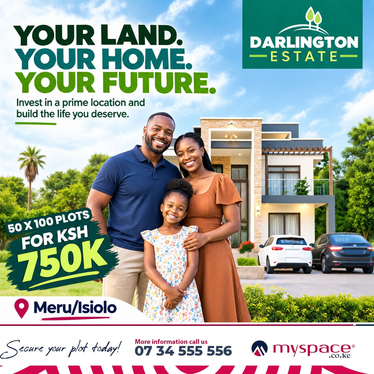 Myspace_Kenya's tweet photo. Your land. Your home. Your future.
Make your dream of owning land a reality with a 50 Γ 100 plot in Meru/Isiolo for only KSh 750K.
For more information, call: 0734 555 556
#DarlingtonEstate #Myspace #LandForSale #MeruIsiolo #LandInvestment #PropertyInvestment #OwnLand #LAND https://t.co/4QpUyfHBry