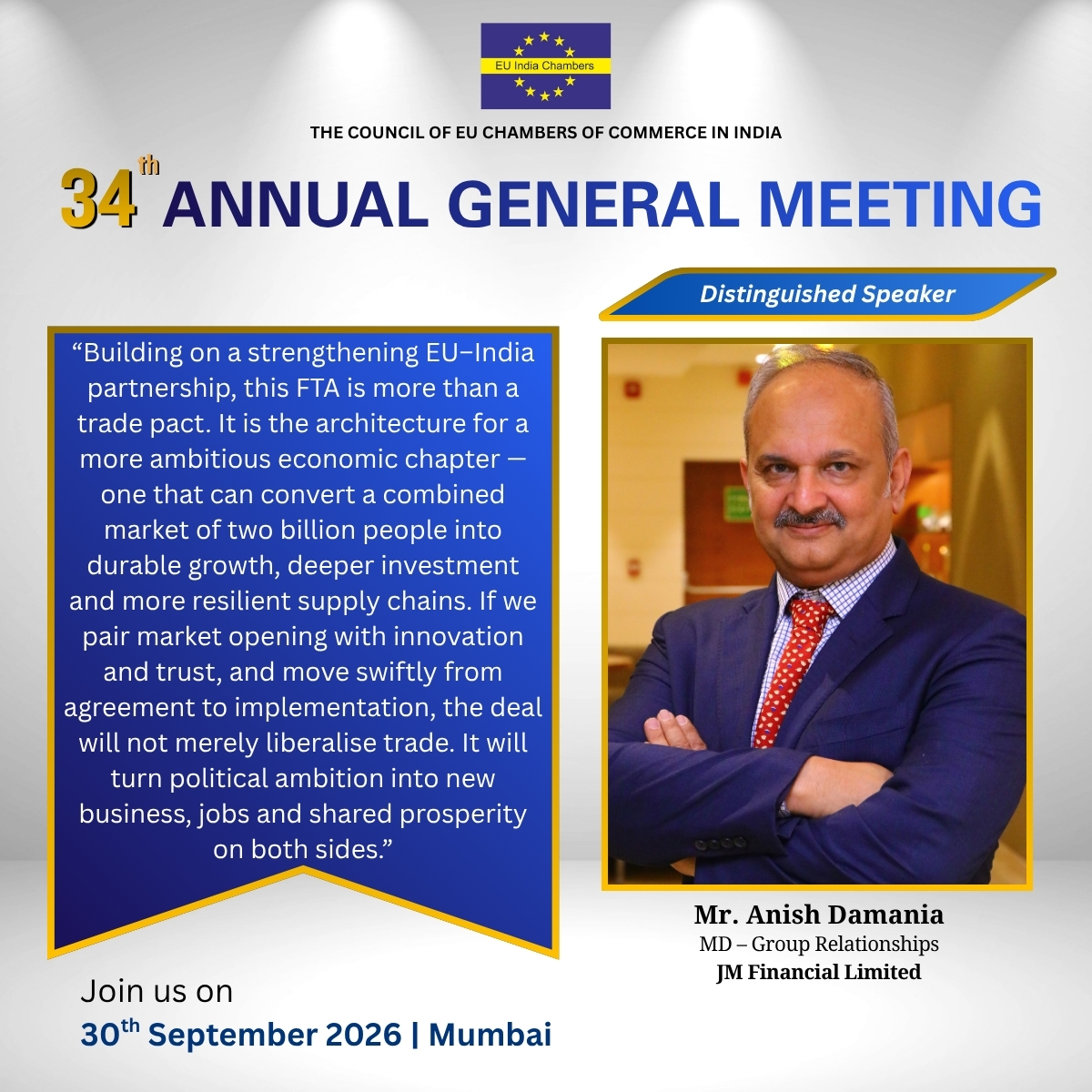 EUChambers's tweet photo. We are pleased to welcome Mr. Anish Damania, MD – Group Relationships, JM Financial Limited , as a Distinguished Speaker at the 34th AGM of EU Chambers.   
      
 For more information:   
https://t.co/HNM2jnMxme 

#EUChambers #34thAGM #EUIndiaFTA https://t.co/ak8M2O2zNZ