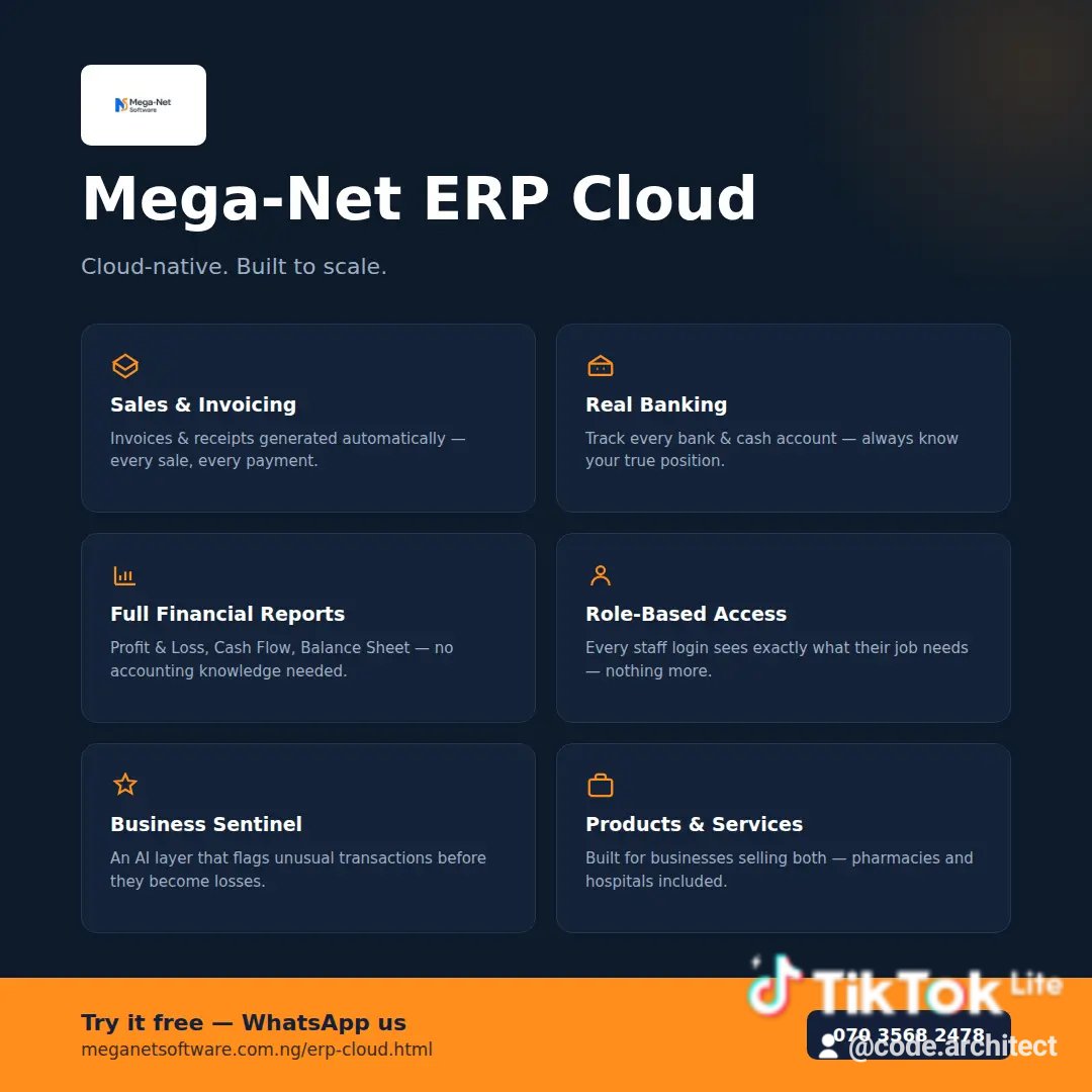 MegaNetSoftware's tweet photo. Real talk: I built this because I got tired of watching business owners
lose track of who owes them money.

Mega-Net ERP Cloud handles sales, banking, and reports automatically —
you never touch a journal entry.

Happy to answer questions if you're curious how it works. https://t.co/inzohZBCrZ