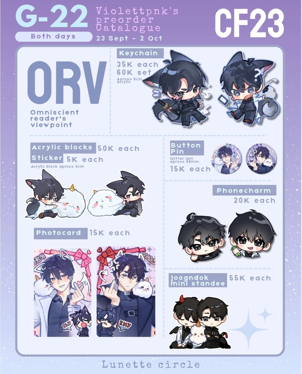 Violettpnk's tweet photo. [💕 &amp;🔁 appreciated!]
My #CF23 po catalog is open!
Booth G-22 📍 
Circle Lunette 🌸
Both days ☀️ 
PO period 📆: 23 Sept-2 Oct
Fandoms: ORV, MCYT (Unstable Universe, SFAWTDE), Forsaken, Poject Sekai ✨ 

PO link 🔗 
https://t.co/M51lIbWYag
#cf23catalogue #cf23catalog #comifuro23 https://t.co/L5OKHOgPHU