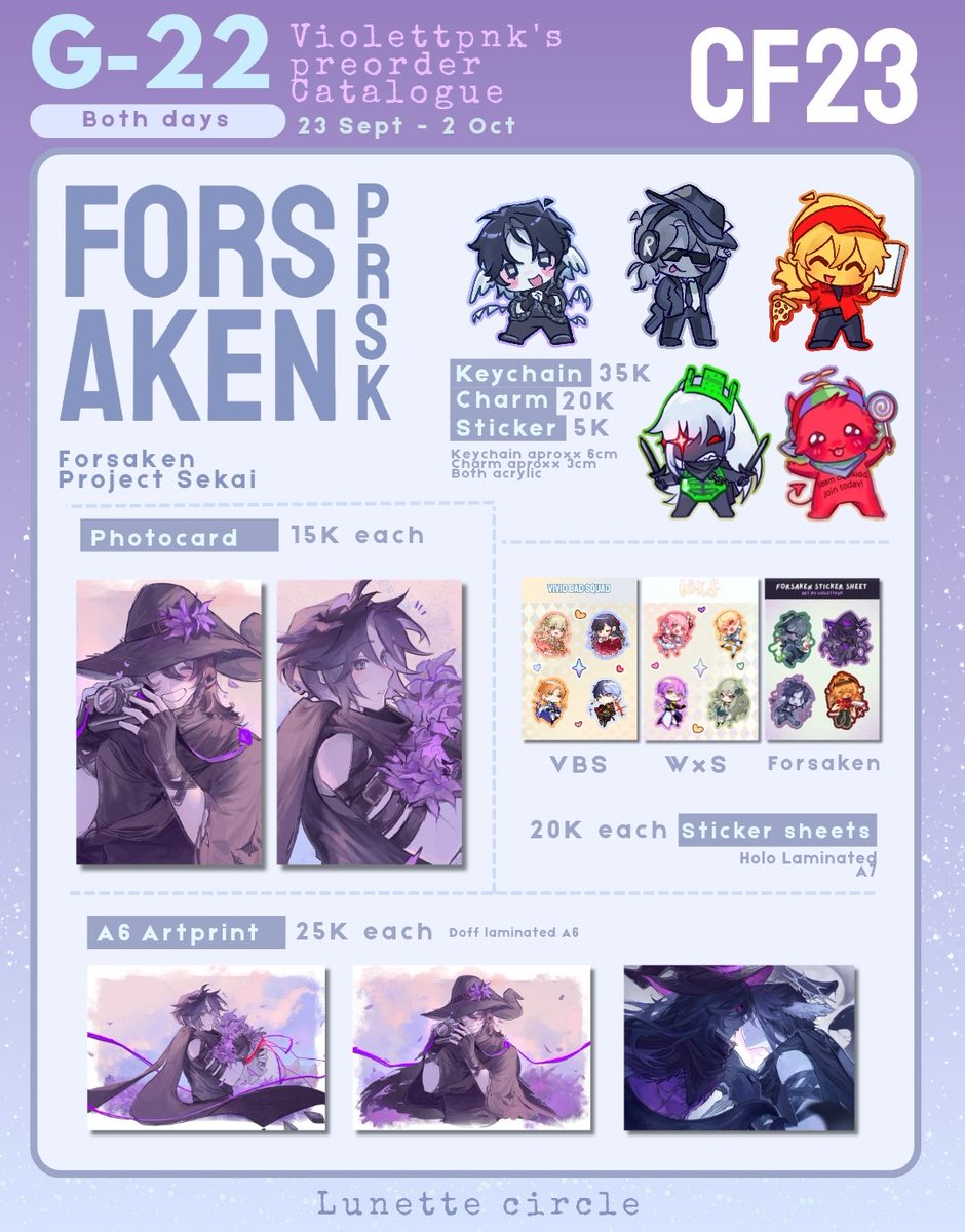 Violettpnk's tweet photo. [💕 &amp;🔁 appreciated!]
My #CF23 po catalog is open!
Booth G-22 📍 
Circle Lunette 🌸
Both days ☀️ 
PO period 📆: 23 Sept-2 Oct
Fandoms: ORV, MCYT (Unstable Universe, SFAWTDE), Forsaken, Poject Sekai ✨ 

PO link 🔗 
https://t.co/M51lIbWYag
#cf23catalogue #cf23catalog #comifuro23 https://t.co/L5OKHOgPHU