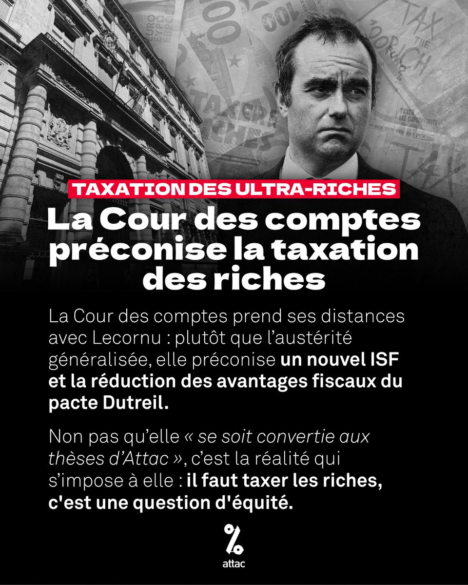 attac_fr's tweet photo. En préconisant un ISF et la réduction des avantages du pacte Dutreil, la Cour des comptes prend ses distances avec Lecornu.

Non, elle s'est pas "convertie aux thèses d’Attac", c’est la réalité qui s'impose à elle : il faut taxer les riches, c'est une question d'équité. https://t.co/LLPXDDGkQt
