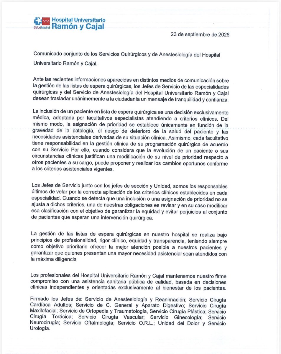 IdiazAyuso's tweet photo. Los jefes de los Servicios del Hospital Universitario Ramón y Cajal se unen para defender su profesionalidad y compromiso con sus pacientes.

Las campañas gubernamentales están llegando muy lejos. https://t.co/eUp9CGWfHe