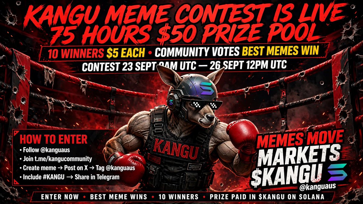 KANGUaus's tweet photo. 🦘🔥 $KANGU MEME CONTEST IS LIVE — 75 HOURS!

💰 $50 POOL — 10 WINNERS x $5 EACH 🗳️ COMMUNITY VOTES — BEST MEMES WIN

📅 23 Sept 9AM UTC — 26 Sept 12PM UTC

Create a funny $KANGU meme Post on X + Tag @kanguaus + #KANGU Share in Telegram
No stolen memes. Be original. Make us laugh.
https://t.co/Ag8B1XFfiv
$KANGU #Solana $SOL
