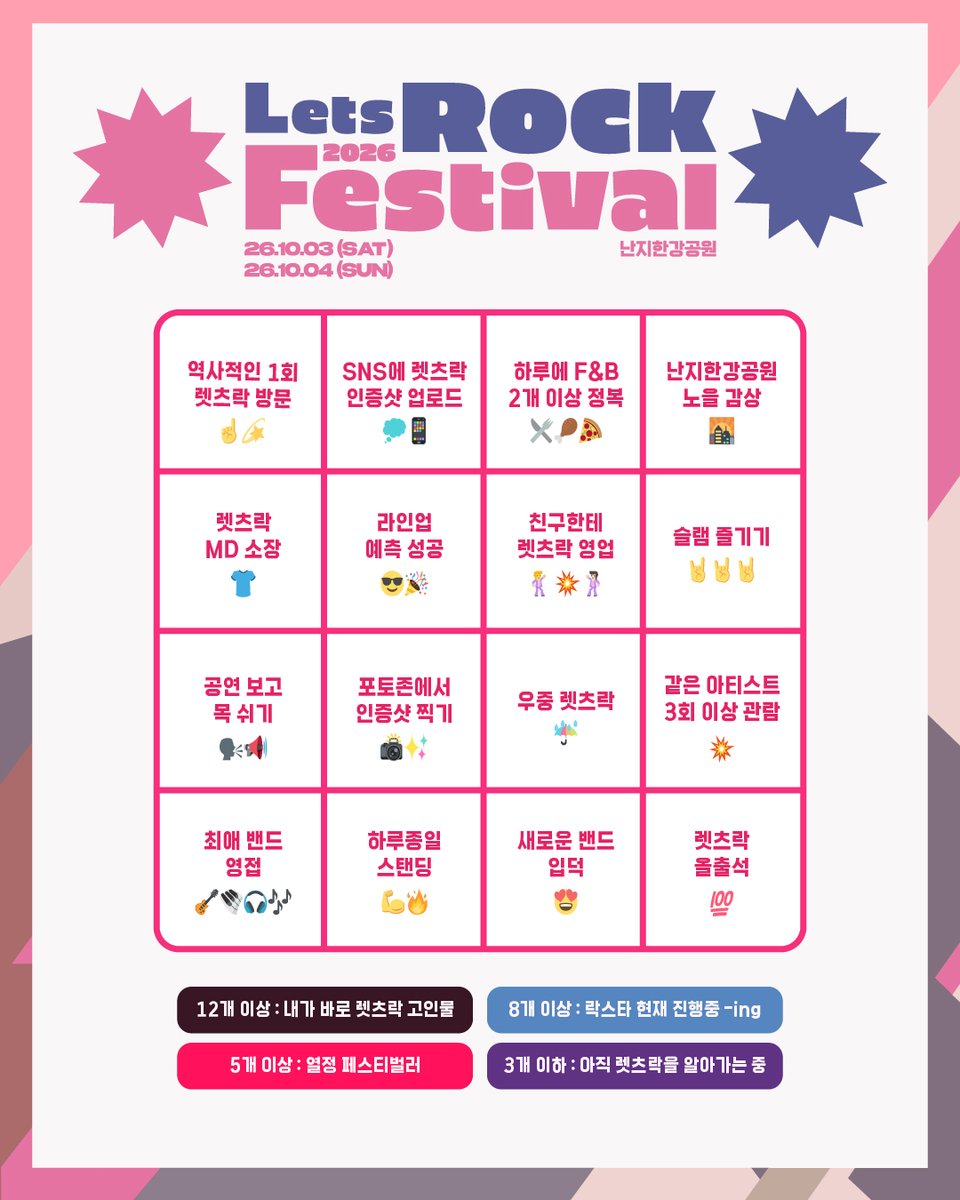 letsrockfe's tweet photo. 『LET'S BINGO』

20주년을 맞이한 렛츠락페스티벌
나는 과연 얼마나 렛츠락 덕후일까?

나의 덕후력을 알아보는 빙고 콘텐츠!
주어진 빙고판에 체크하며 알아보자 🪄

—
LET'S ROCK FESTIVAL 20TH ANNIVERSARY
10.03(SAT) - 10.04(SUN)
NANJI HANGANG PARK

#렛츠락페스티벌 #LetsRockFestival #20th https://t.co/6lFcTZfkrb