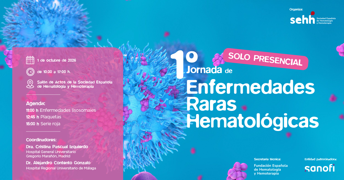 sehh_es's tweet photo. 🩸 1.ª Jornada de Enfermedades Raras Hematológicas ⬇️⬇️⬇️
La #SEHH pone en marcha una jornada dedicada a profundizar en el conocimiento y abordaje de las enfermedades raras hematológicas, un grupo de patologías que plantea importantes retos diagnósticos y terapéuticos.
📅 1 de octubre de 2026
📍 Salón de Actos de la SEHH
🕥 De 10:30 a 17:00 h
🔴 Modalidad exclusivamente presencial
Durante la jornada abordaremos tres áreas de especial interés:
🔹 Enfermedades lisosomales
🔹 Plaquetas
🔹 Serie roja
Un encuentro para compartir conocimiento, experiencias y avances entre profesionales y seguir impulsando una atención especializada para las personas con enfermedades hematológicas raras.
👩⚕️ La jornada estará coordinada por @crisizquierdo3, de @HematoHGUGM, y Alejandro Contento, del Hospital Universitario de Málaga.
🤝 Con el patrocinio de @SanofiES
📌 Reserva la fecha y acompáñanos el 1 de octubre.
#SEHH #Hematología #EnfermedadesRaras #EnfermedadesRarasHematológicas