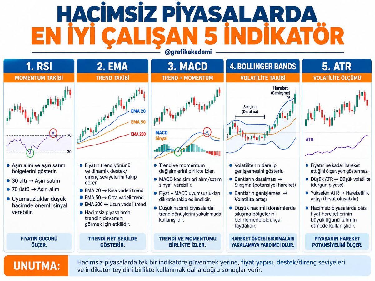 grafikakademi's tweet photo. HACİMSİZ PİYASALARDA KULLANILABİLECEK 5 İNDİKATÖR

▪️ 1. RSI
Aşırı alım–satım bölgelerini ve momentum değişimlerini takip eder.
30 altı: Aşırı satım
70 üstü: Aşırı alım
Özellikle uyumsuzluklar düşük hacimde dikkat çekebilir.

▪️ 2. EMA
Fiyatın trend yönünü ve dinamik destek/direnç seviyelerini takip eder.
EMA 20: Kısa vadeli trend
EMA 50: Orta vadeli trend
EMA 200: Uzun vadeli trend

▪️ 3. MACD
Trend ve momentum değişimlerini birlikte izler.
MACD kesişimleri ve fiyat–MACD uyumsuzlukları takip edilebilir.

▪️ 4. Bollinger Bands
Volatilitenin daralıp genişlemesini gösterir.
Bantların daralması: Sıkışma
Bantların genişlemesi: Volatilite artışı
Düşük hacimli dönemlerde özellikle sıkışma bölgelerini belirlemede faydalıdır.

▪️ 5. ATR
Fiyatın ne kadar hareket ettiğini ölçer; yön göstermez.
Düşük ATR → düşük volatilite
Yükselen ATR → hareketlilik artışı

Kısaca kombinasyon:
EMA → Trend
RSI → Momentum
MACD → Trend + Momentum
Bollinger → Sıkışma
ATR → Volatilite

Hacimsiz piyasada tek bir indikatöre güvenmek yerine fiyat yapısı + destek/direnç + indikatör teyidi birlikte değerlendirilmelidir.