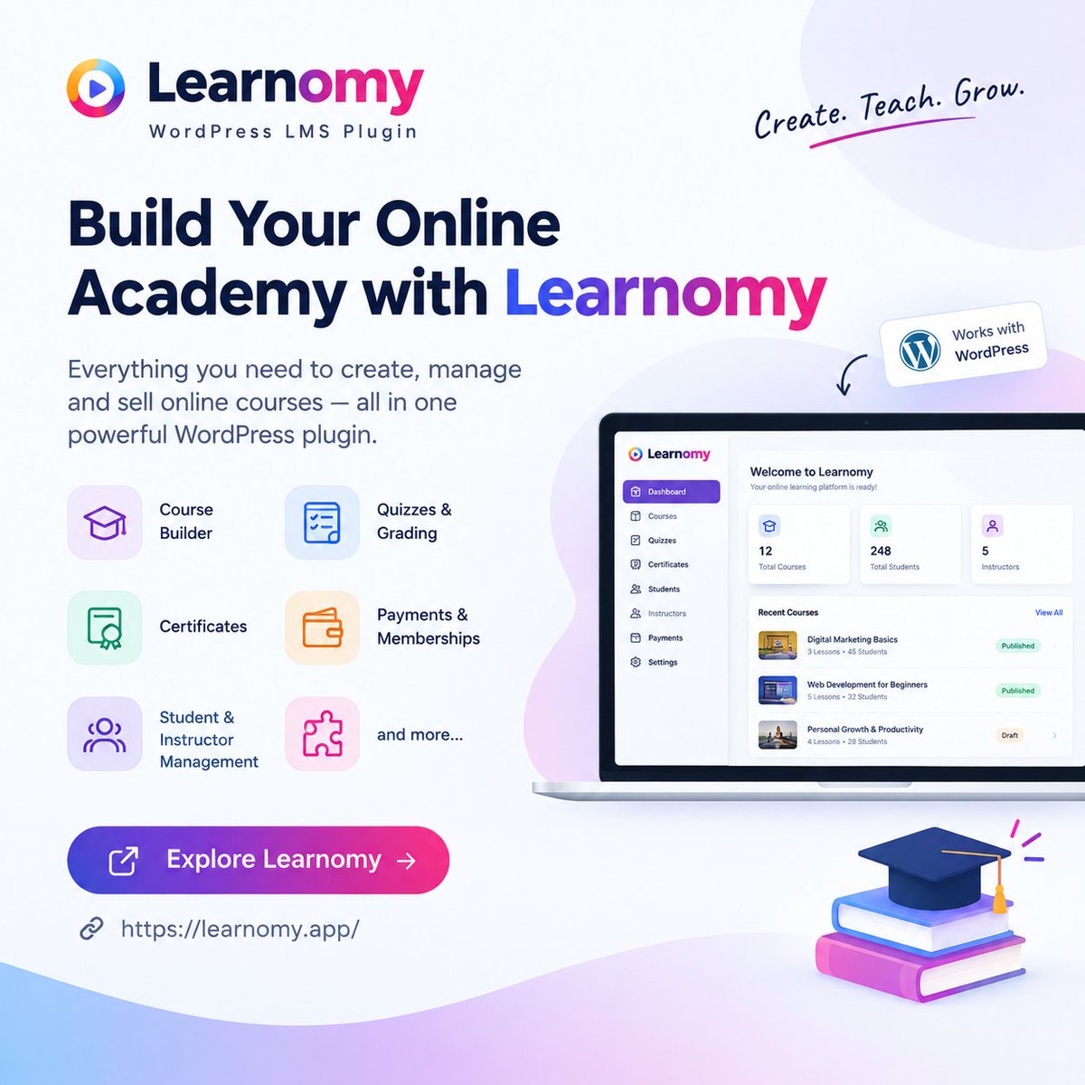 RiyaWX12's tweet photo. Build your online academy with Learnomy!
Create, manage, and sell online courses with a powerful WordPress LMS plugin.
Explore Learnomy: https://t.co/na689U1BNP
#Learnomy #WordPress #LMS #eLearning https://t.co/DM14CMQfVp