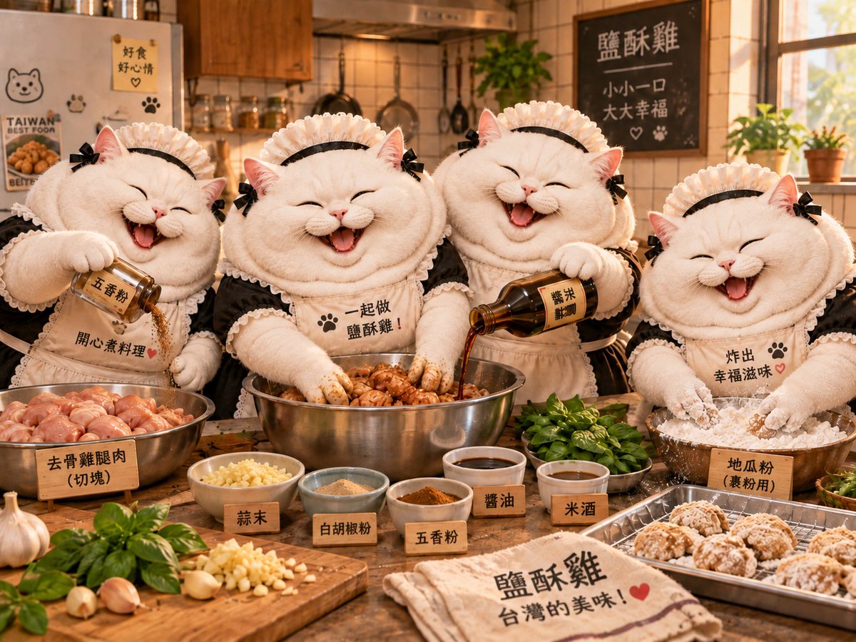 antikpltd2's tweet photo. 四隻穿女僕裝的白貓組一個名字叫「白貓頭四」的團體一起在廚房醃製鹽酥雞的畫面‼️
#AI #AIart #cat #WhiteCat #AuntieCat #MaidCat #WHITEMEOW4 #白貓頭四 #鹽酥雞 #Taiwanesepopcornchicken https://t.co/KjGnCku3Vq