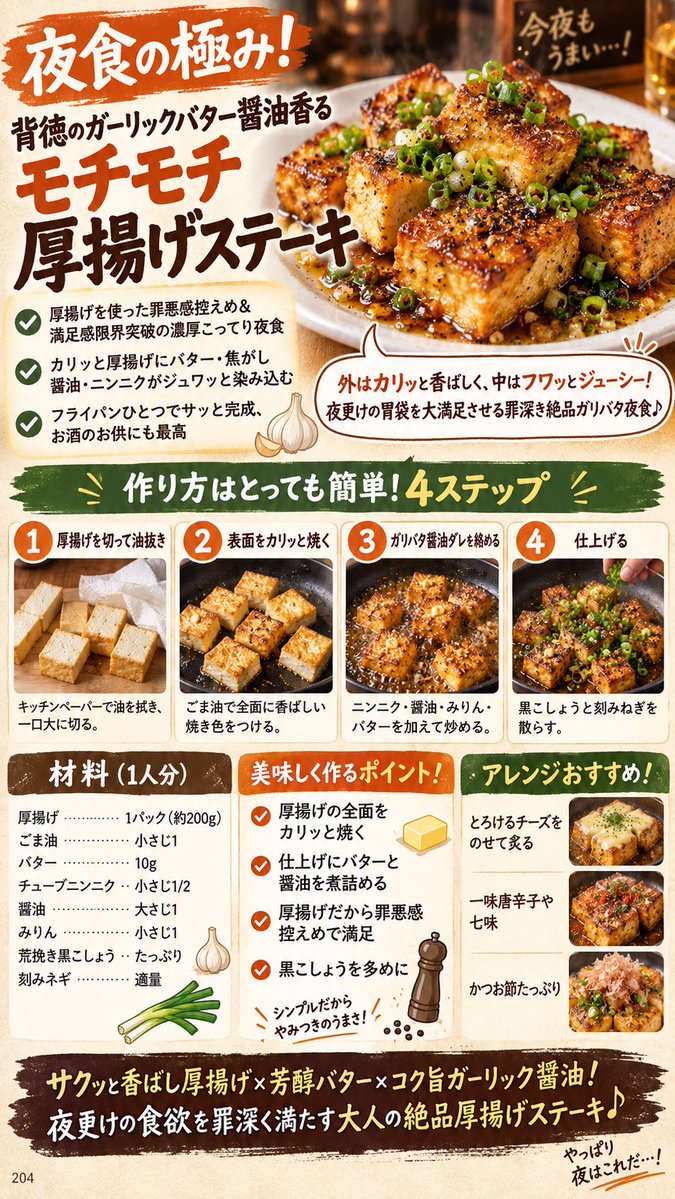 kititchen11111's tweet photo. 【背徳のガーリックバター醤油香るモチモチ厚揚げステーキ】
厚揚げ200gをカリッと焼き、バター10g・醤油大さじ1・にんにく小さじ1/2を絡める濃厚夜食。お酒のお供にも。

#厚揚げステーキ #夜食 #ガリバタ醤油 #簡単おつまみ #厚揚げレシピ https://t.co/siezgspUKZ