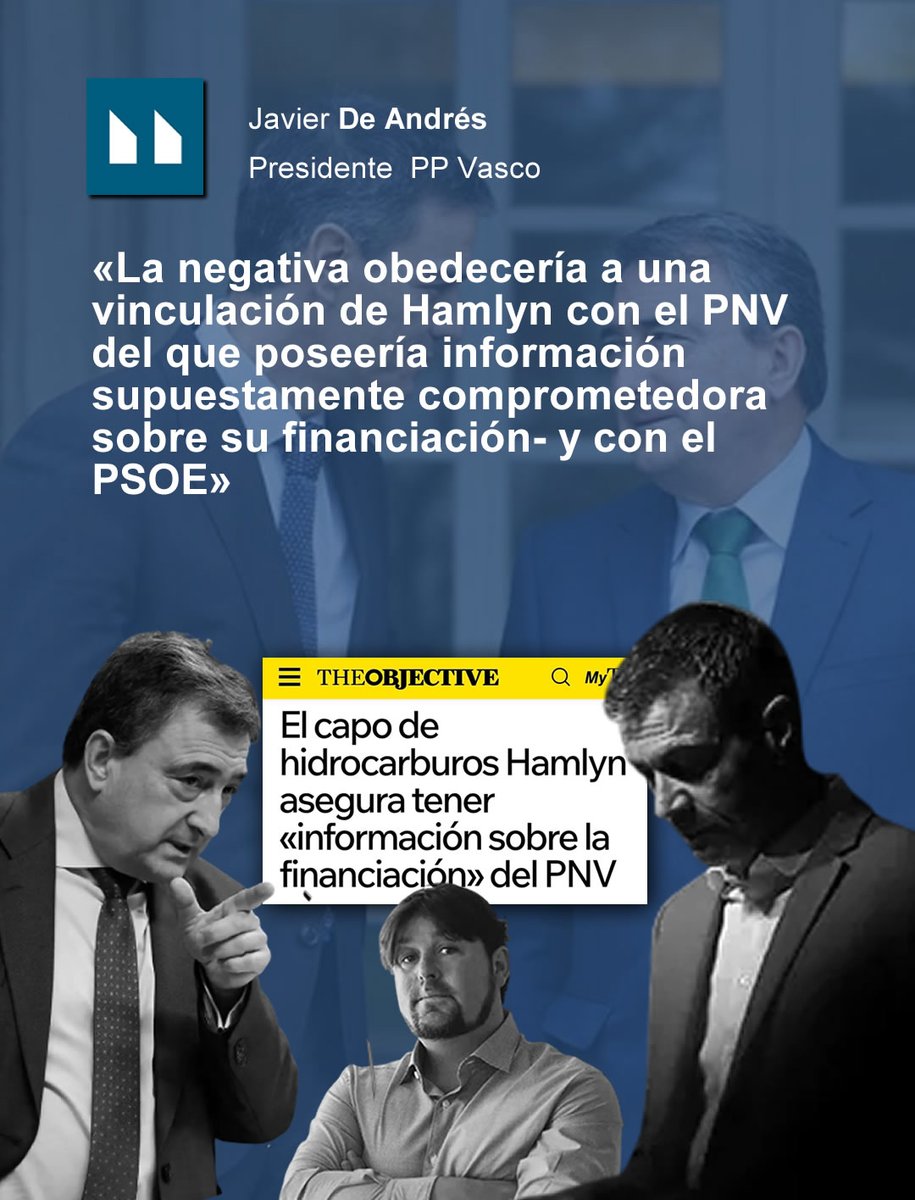 PPVasco's tweet photo. ‼️🔴La renuncia  del Gobierno de Sánchez a la extradición de Alejandro Hamlyn, empresario condenado por la Audiencia Nacional en el caso del fraude del IVA de los hidrocarburos, confirma su vinculación oscura con PNV y PSOE.

💬@JavierDeAndres_ "Pediremos explicaciones en el Senado"

➕ info: https://t.co/N5VqQFp1k5