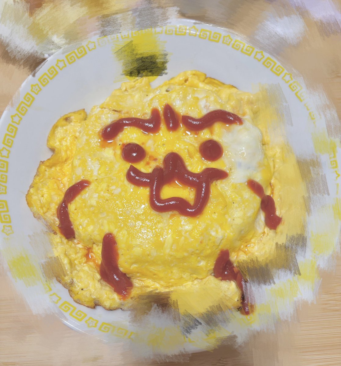 3ci1b's tweet photo. おうちでオムライスやお好み焼きを作る時はえもちゃんのお顔描くことが多いです🟡✏️

（ショキフェオムライス少し焦がしたのでモザイクでごまかしてます🤣） https://t.co/5SJSsx2uB8