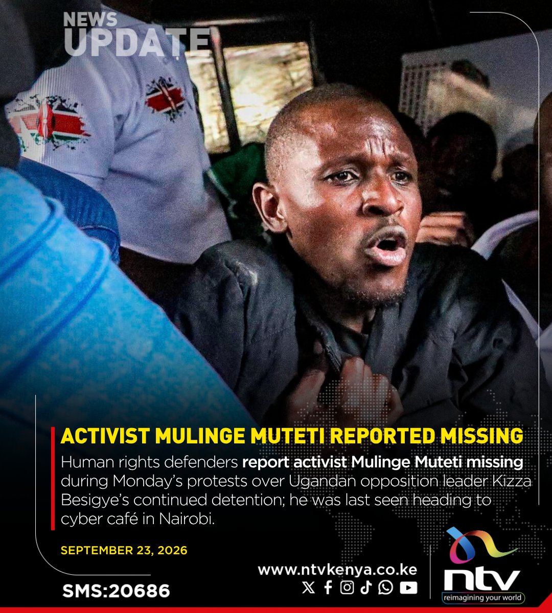 ntvkenya's tweet photo. Human rights defenders report activist Mulinge Muteti missing during Monday’s protests over Ugandan opposition leader Kizza Besigye’s continued detention https://t.co/vdF5co8JjH