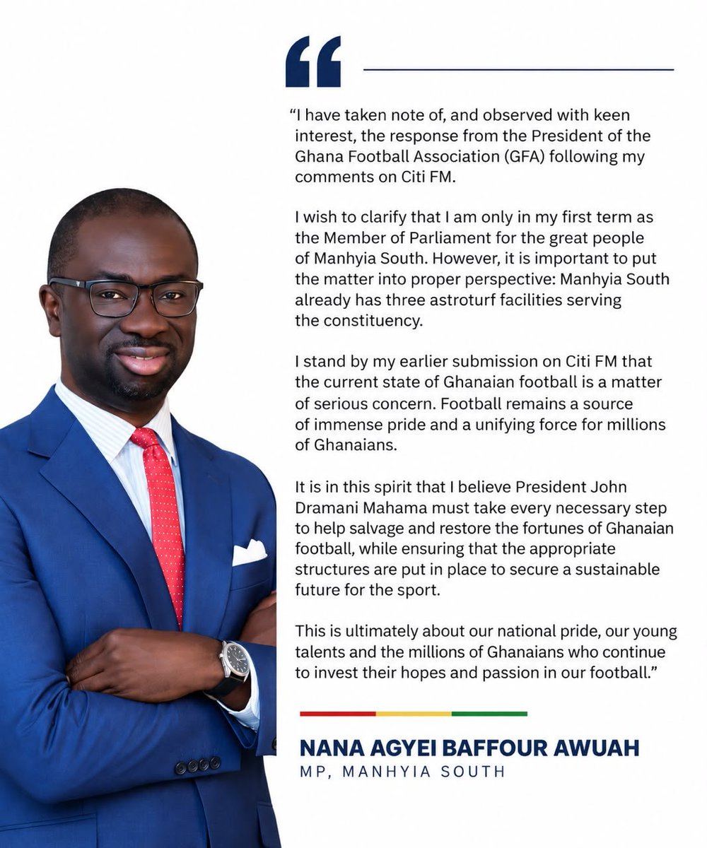 NABaffourAwuah's tweet photo. I stand by my earlier submission on @Citi973 that the current state of Ghanaian football is a matter of serious concern. 

Football remains a source of immense pride and a unifying force for millions of Ghanaians hence needs to be given all the needed attention it needs. https://t.co/N6iqheX2VN