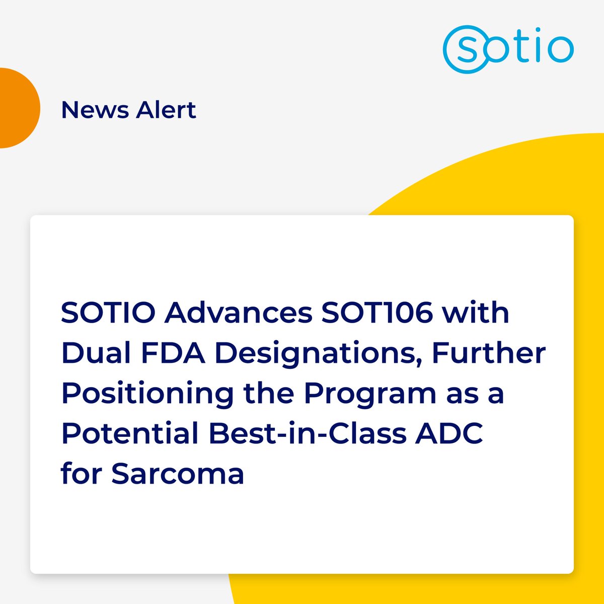 SOTIO's tweet photo. SOT106 has received two additional designations from @FDA: Orphan Drug Designation for #SoftTissueSarcoma and Fast Track Designation for #Osteosarcoma.
Our potentially best-in-class investigational ADC targeting LRRC15 now holds both designations for both primary types of sarcoma. With a first-in-human clinical trial expected to begin later this year, SOTIO is advancing development of SOT106 with the hope of delivering a targeted therapy with benefit across sarcoma subtypes. Read more in today’s press release: https://t.co/NUTEi6LjNN

#FastTrackDesignation #OrphanDrugDesignation #ADC #Sarcoma