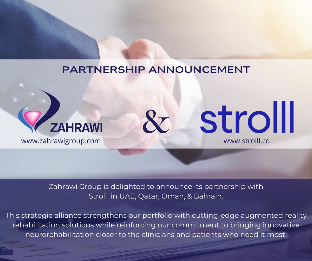 ZahrawiGroup's tweet photo. 📢 We are excited to announce our new partnership with Strolll in #UAE, #Qatar, #Oman, & #Bahrain.
#ZahrawiGroup #Strolll #StrategicPartnership #Neurorehabilitation #Rehabilitation #AugmentedReality #DigitalHealth #HealthcareTechnology #PatientCare #MedicalTechnology #HealthcareInnovation