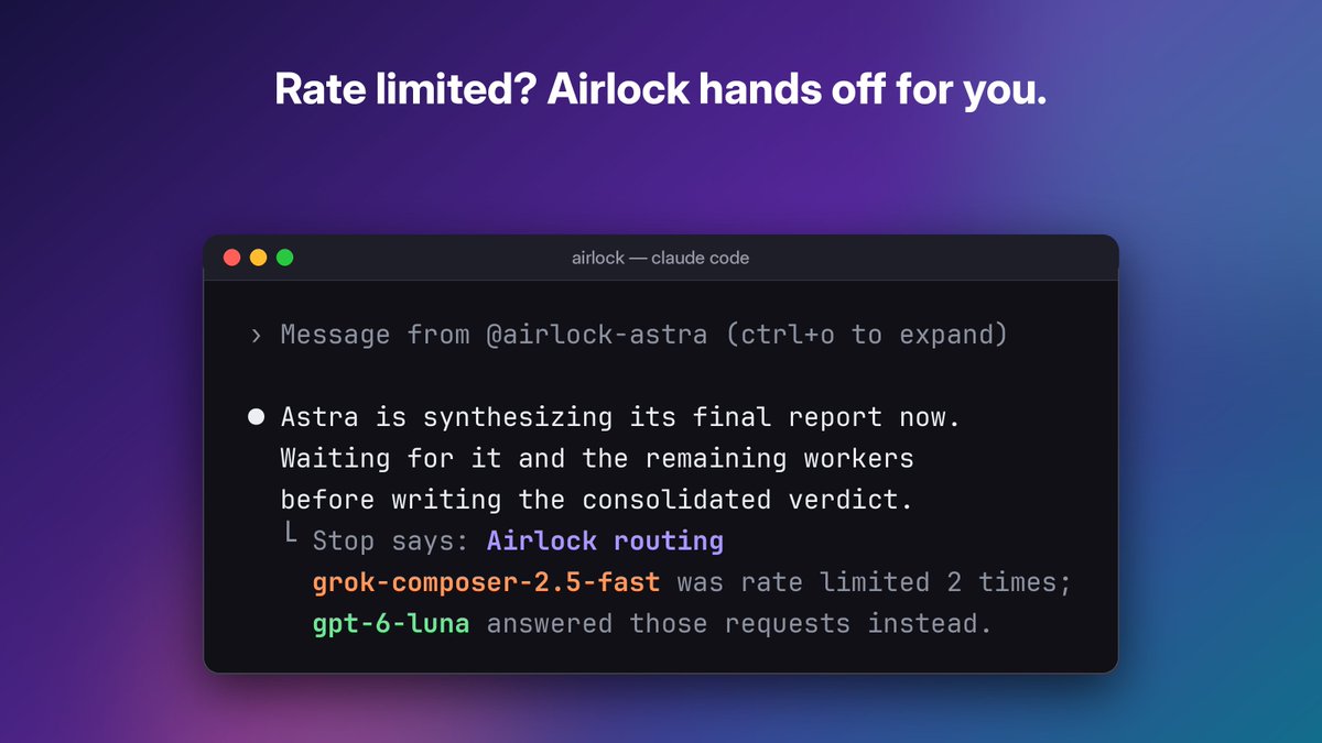 HarshKamdar67's tweet photo. Hitting a rate limit mid-session and switching providers manually is the worst.

So I made Airlock do it for you. When a model gets 429'd, it hands off to the next one in your chain and keeps working.

Build your own handoff tree, or use the recommended one. https://t.co/nAcuftXuVe