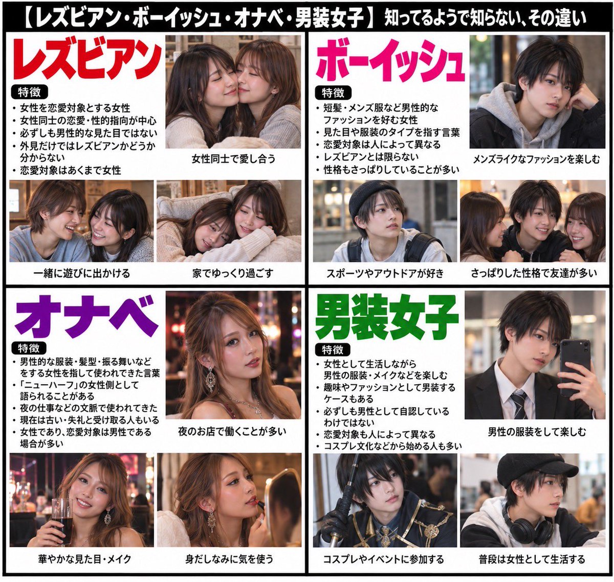 madashachiku's tweet photo. 【レズビアン・ボーイッシュ・オナベ・男装女子】

知ってるようで知らない、その違い https://t.co/3fMGcxnDt8