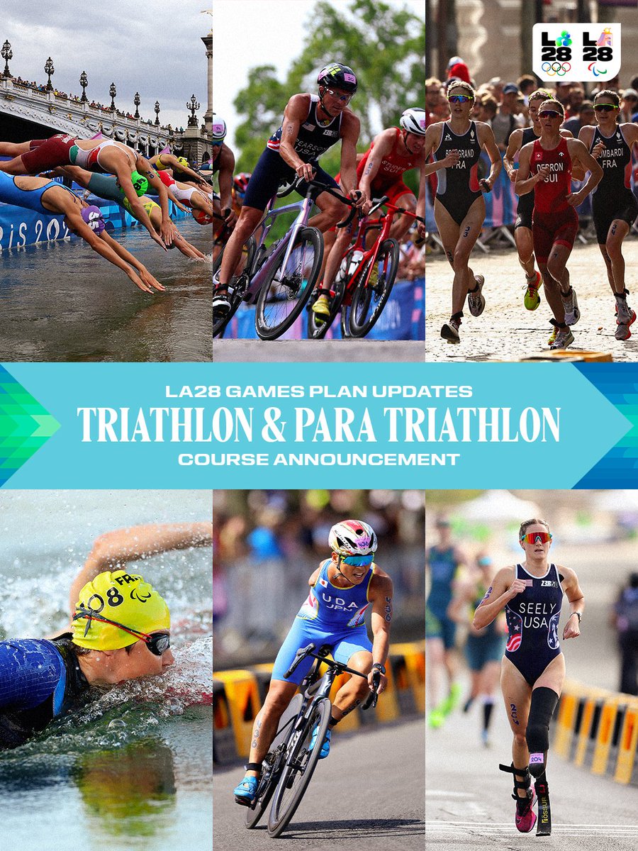 LA28's tweet photo. Of course we're excited for this one! 

Here's your first look at the courses for the Triathlon and Para Triathlon events at the LA28 Games. 🏊🏼‍♀️ 🚴‍♂️ 🏃🏽‍♀️Scroll through for more on each course and visit https://t.co/9ZJP2CaXKI to view the course maps. https://t.co/tkbAsRWzCL