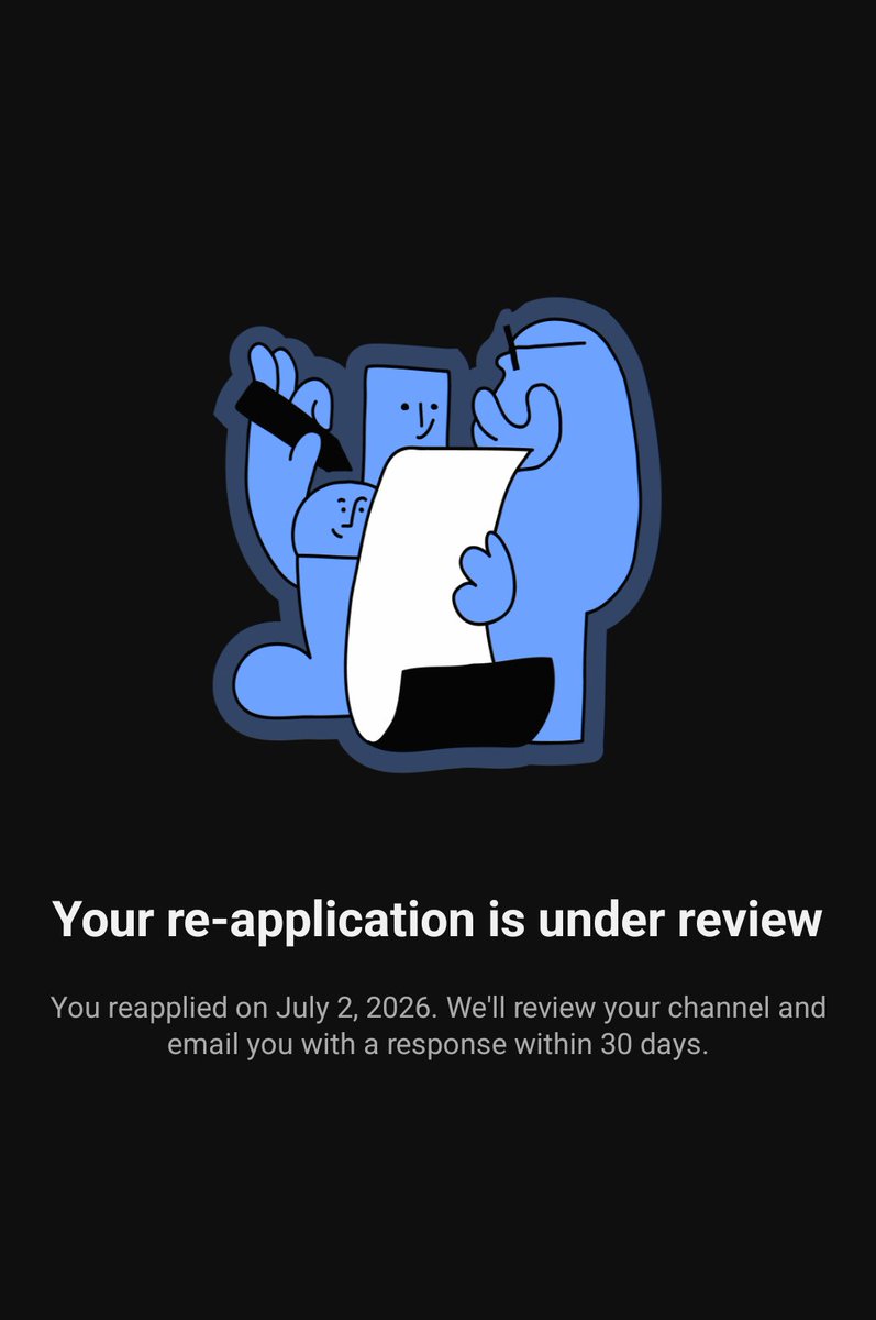 Buildr_szn's tweet photo. @TeamYouTube I reapplied for channel monetization on July 2, 2026, and my application has been stuck "in review" for over 80 days with no update. Could you please check internally to see if my review is stalled in the queue? Thank you. Channel URL: https://t.co/lpZy958C2D https://t.co/0Re2iruqwm