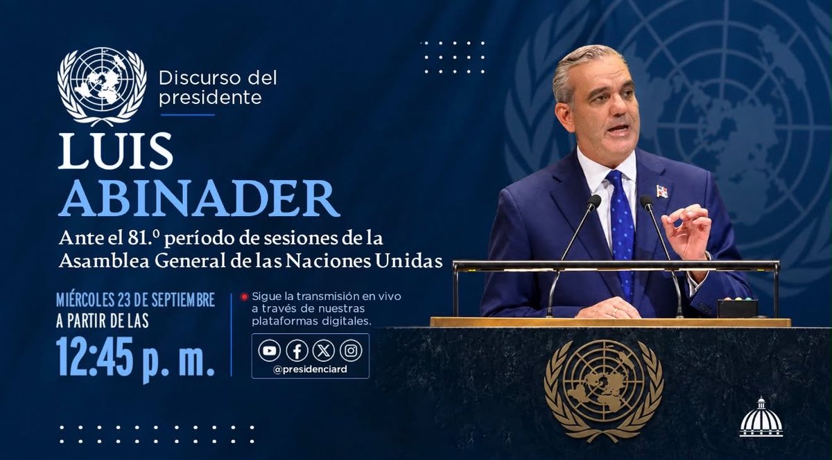 adolfoperezdl's tweet photo. Este miércoles, el presidente @LuisAbinader llevará la voz de la República Dominicana ante la Asamblea General de las Naciones Unidas. 🇩🇴

Seguiremos su intervención y las prioridades que presentará nuestro país ante la comunidad internacional.

@PresidenciaRD.

#EstamosEnNewYork https://t.co/AemG9xhEe6