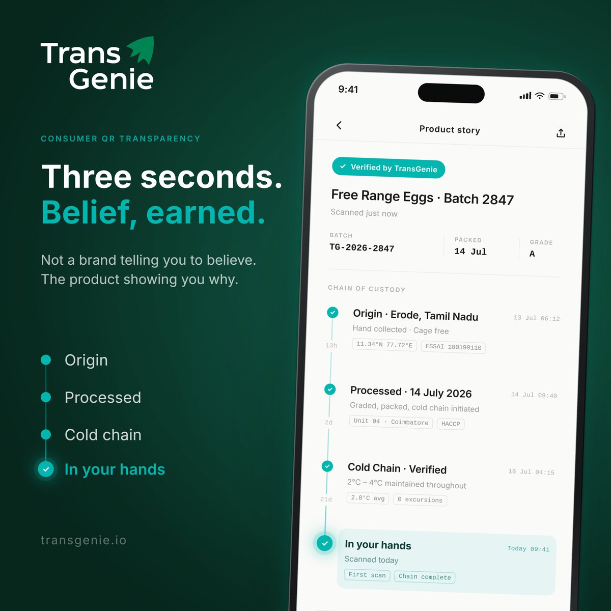 transgenieio's tweet photo. A QR code shouldn't just show where a product came from.

It should show why you can trust it.

Farm → Processing → Cold Chain → Your hands.

Three seconds. Full product story.

#TransGenie #Traceability #FoodSafety https://t.co/9F0eQ2jVNi