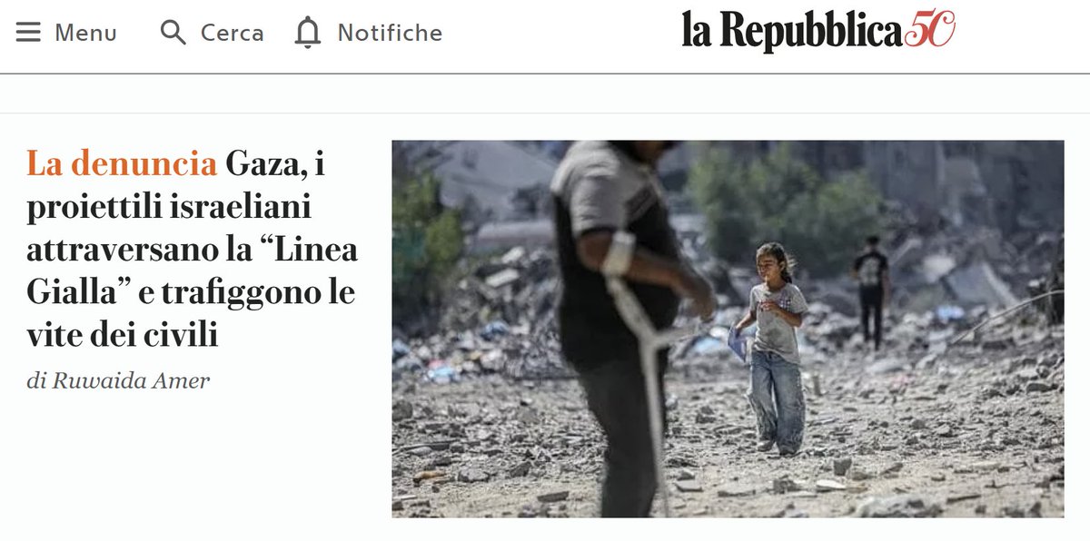 a____capo's tweet photo. #Repubblica, sentite che giro di parole:
- i proiettili israeliani
- attrraversano la "Linea Gialla"
- e trafiggono le vite dei civili.
Dire "i soldati israeliani ucidono i civili a #Gaza" era forse troppo chiaro? https://t.co/u6X3ZIf4xd