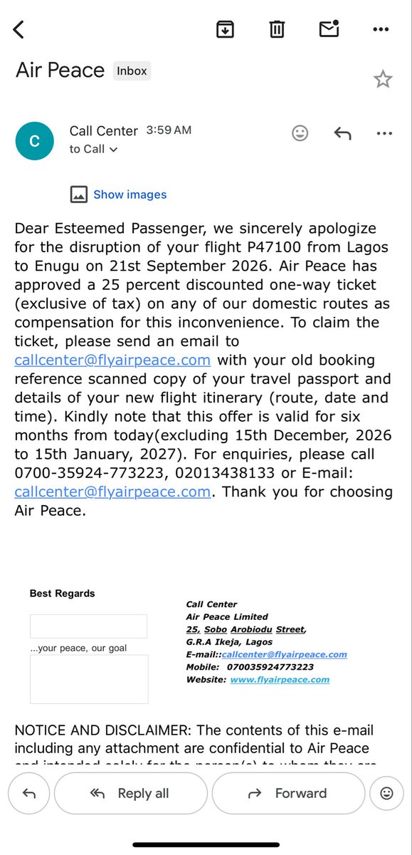 InibeheEffiong's tweet photo. I received an email from @flyairpeace this morning informing me that the company “has approved a 25 percent discounted one-way ticket (exclusive of tax)” on any of their domestic routes “as compensation” for the aborted Lagos - Enugu flight, which was scheduled for Monday, September 21, 2026 by 6:45 AM.

This offer, is apparently in compliance with the directive issued to the airline by the @NigeriaCAA after my public statement on Monday, which directed the airline to compensate me and other aggrieved passengers.

This modest effort by Air Peace to assuage me and other aggrieved passengers should not detract from the fundamental issue, namely: the perennial lackluster, arrogant and frustrating attitude of the company.

This wasn’t an isolated occurrence.

Flight cancellation and delay have been normalized by Air Peace. 

Official data from NCAA shows that 71% of their local flights were delayed in August 2026 alone. That is outrageous.

Air Peace should realize that it can no longer continue to operate with impunity.

While the swift response of @mikeachimugu01 and NCAA in this case are commendable, there is no doubt that we need a stiffer and stronger regulatory framework in the aviation industry to protect the rights of air passengers.

We will continue to hold Air Peace and other airlines accountable.