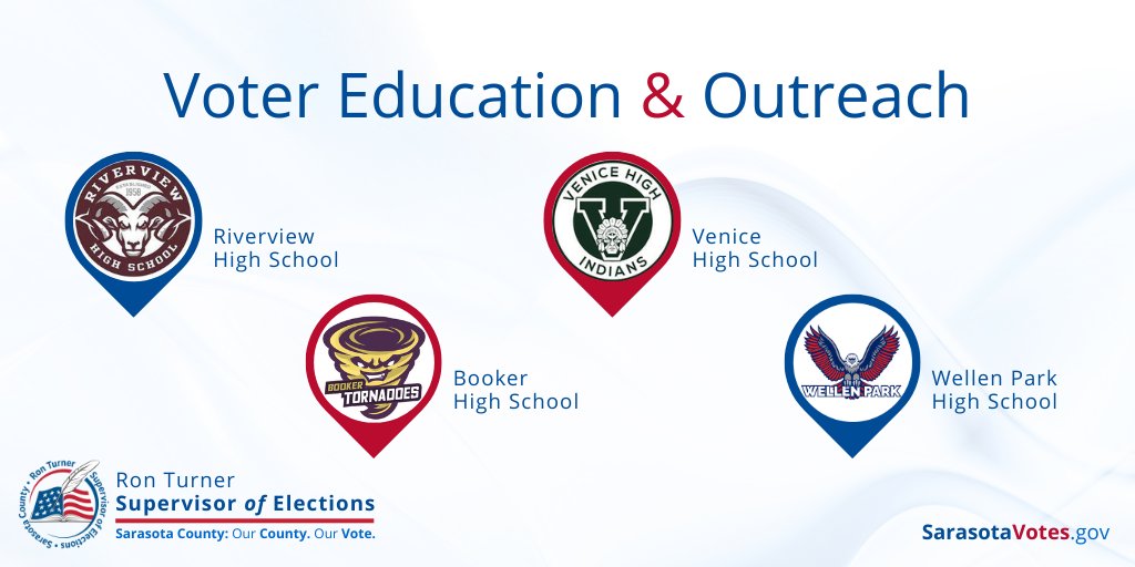 sarasotavotes's tweet photo. This week we are visiting 4 schools for voter education events across Sarasota County: Riverview HS, Booker HS, Venice HS and Wellen Park HS. We look forward to discussing registration, voting and becoming a student poll worker. https://t.co/ZOUik5aoBY