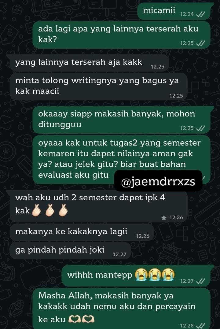 daszzly's tweet photo. @theia155cm Bismillah, mari kak dikerjain sama @jaemdrrxzs‼️ sering bgt ngetake tugas ini, pengerjaan fast, berkualitas dan amanah 😻🫶🏻 no AI, bisa revisi, fee negotiable. followers dan testi udah ribuan ada 5700+, sung wa yuk kakak syg 🫰🏻
wa: https://t.co/osj8emqq8S 349 https://t.co/jP59y0UeDX