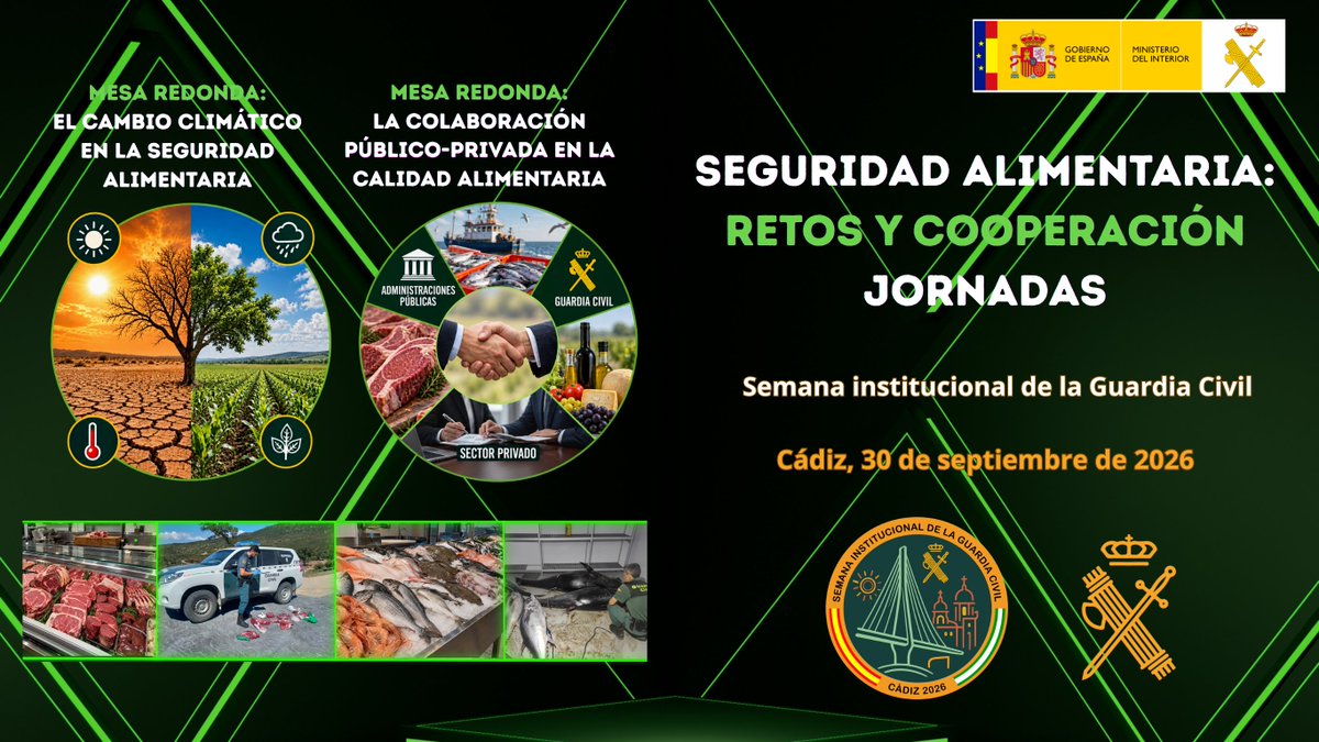 guardiacivil's tweet photo. 📢 Actividad #CulturaSeguridadGC #CUGC

Jornada "Seguridad alimentaria: retos y cooperación" en formato híbrido online/webinar y presencial

🗓️30 de septiembre de 2026
📍IncubAzul. Zona Base, C/Gibraltar, 15 – 11011 Cádiz.
🕣 09:00 a 14:30 horas
🫰 Asistencia presencial solo con invitación
🎯Dirigida a la ciudadanía en general
📜Se expedirá certificado a los asistentes

Más información e inscripciones

https://t.co/J4mNUnvNrK