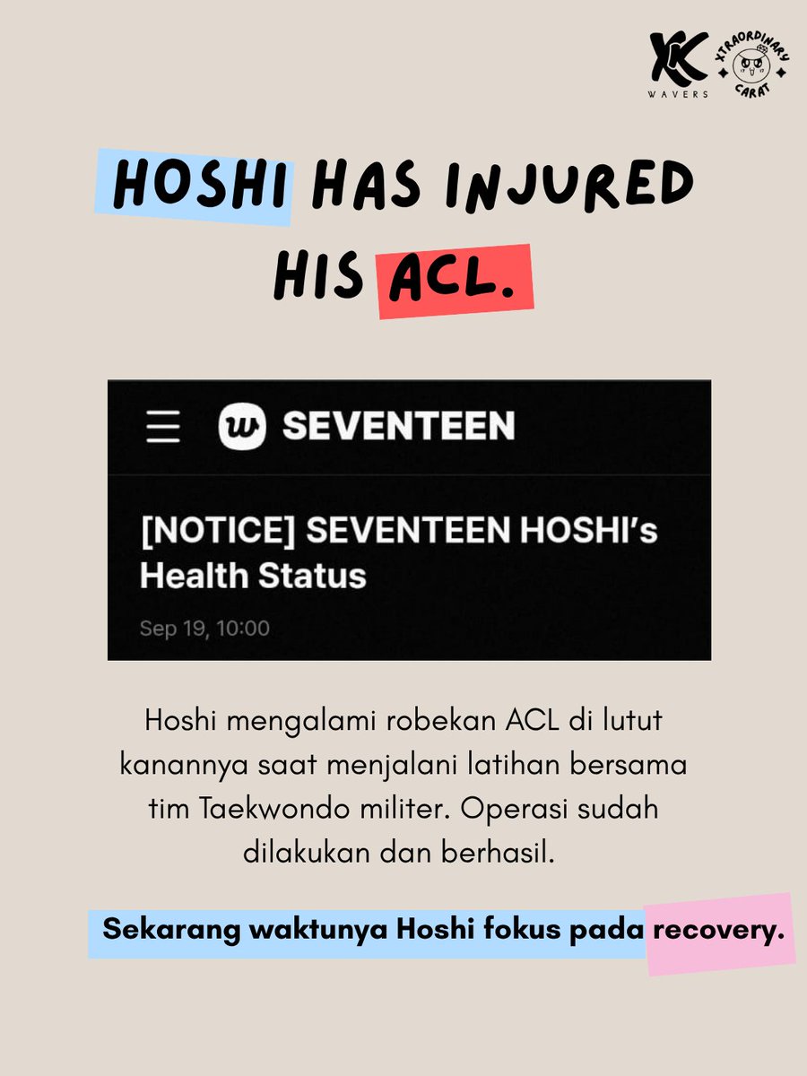 xtracarat's tweet photo. Hoshi SEVENTEEN sukses menjalani operasi robek total ligamen anterior silang (anterior cruciate ligament / ACL) pada lutut kanannya tanggal 18 September 2026 dan kini fokus pada masa pemulihan.

Kita doakan yang terbaik aja ya Caratdeul🫶

#hoshi #seventeen #wamil #acl https://t.co/9P243o2sC0