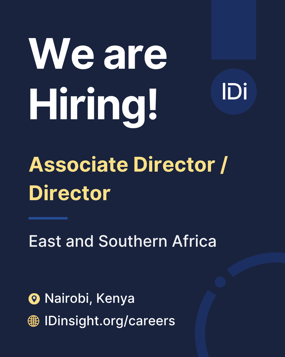 IDinsight's tweet photo. 📢 We're hiring an Associate Director/Director for East and Southern Africa

🌍 You'll lead high-impact initiatives and project teams, working directly with governments, foundations, and nonprofits to drive social impact through data and evidence.

👀 Full JD in the thread 🧵⤵️ https://t.co/rnxAvh5blM