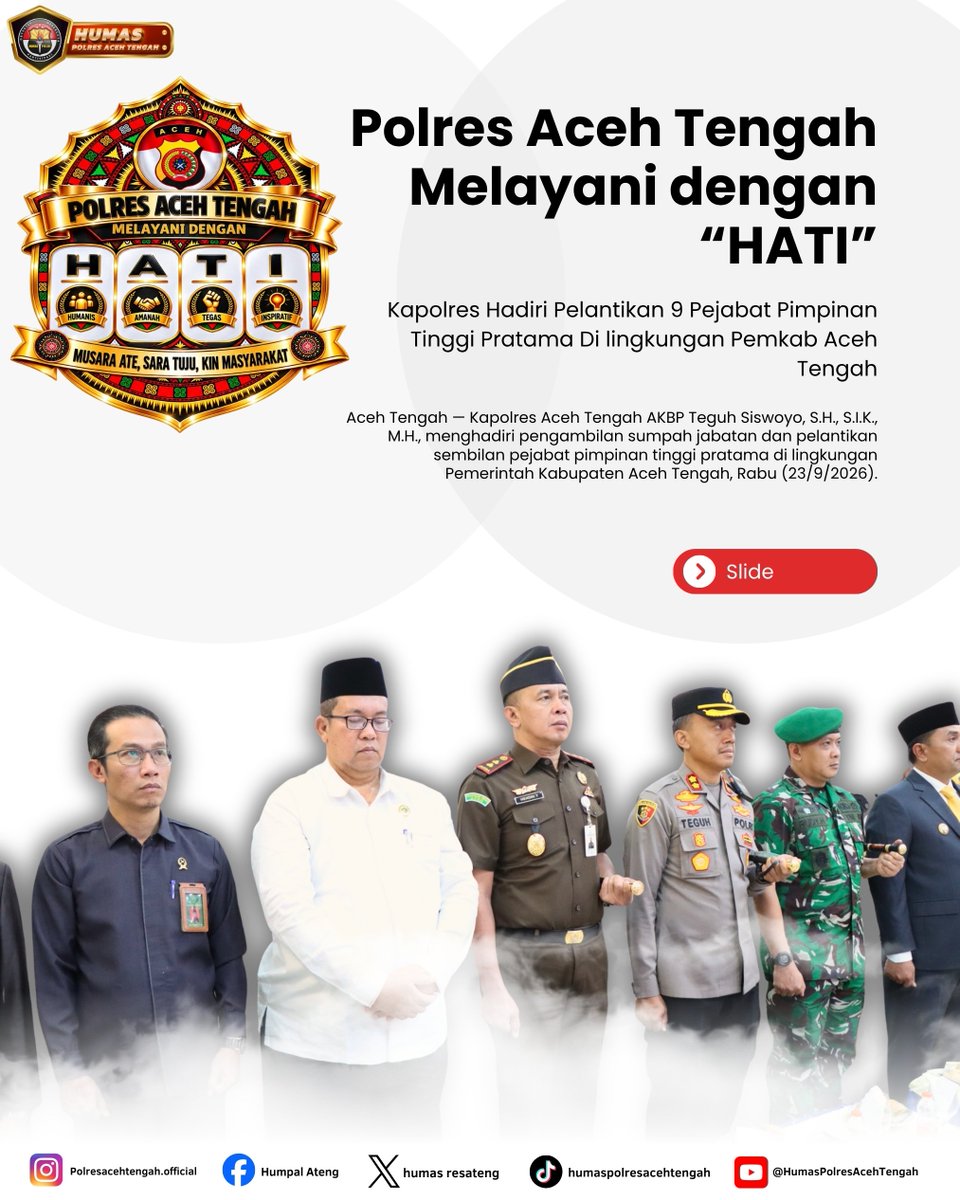 humas_resateng's tweet photo. Kapolres Hadiri Pelantikan 9 Pejabat Pimpinan Tinggi Pratama Di lingkungan Pemkab Aceh Tengah

#poldaaceh #bidhumaspoldaaceh #polriuntukmasyarakat #polripresisi https://t.co/watp4PvWNO