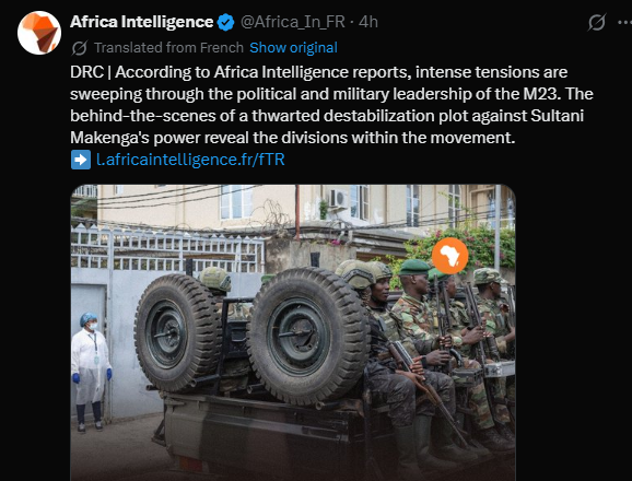 PierreromeoI's tweet photo. RDC: Nk’uko bitangazwa na Africa Intelligence, amakimbirane akomeye ari kuvugwa mu buyobozi bwa politiki n’ubwa gisirikare bwa M23. Raporo ivuga ko hari umugambi wari ugamije guhungabanya ububasha bwa Sultani Makenga, ariko ukaza kuburizwamo. https://t.co/hONqdzMler