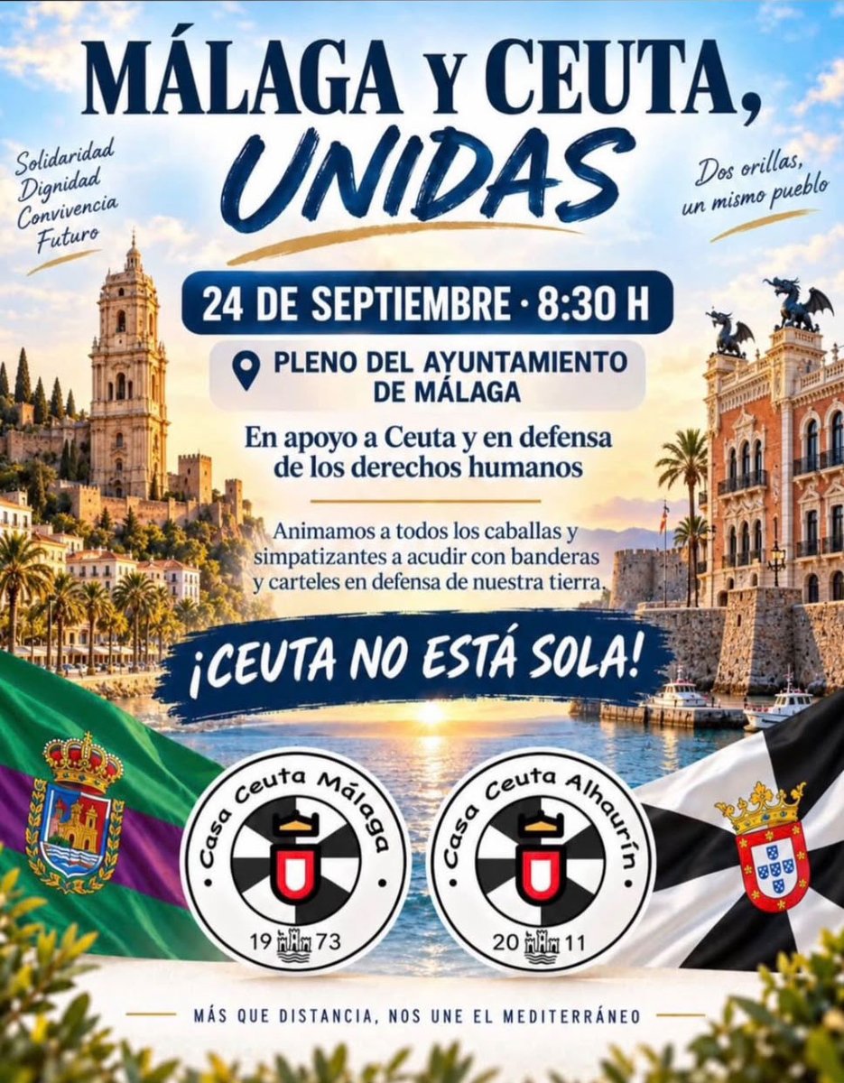 ElFarodeCeuta's tweet photo. 🗞️ Breves El Faro

Ceutíes residentes en Málaga han convocado una concentración este jueves, a las 8.30 horas, en la puerta del Ayuntamiento de Málaga para mostrar su apoyo a #Ceuta.

Además, este mismo día, en el Pleno del Ayuntamiento de Málaga se someterá a debate una Moción presentada por el Grupo Municipal Con Málaga relativa a impulsar e implementar la solidaridad efectiva con Ceuta y con la defensa de los derechos Humanos.

Por todo ello, desde la organización animan a toda la ciudadanía a asistir a esta concentración en la puerta del Ayuntamiento de Málaga por Ceuta.