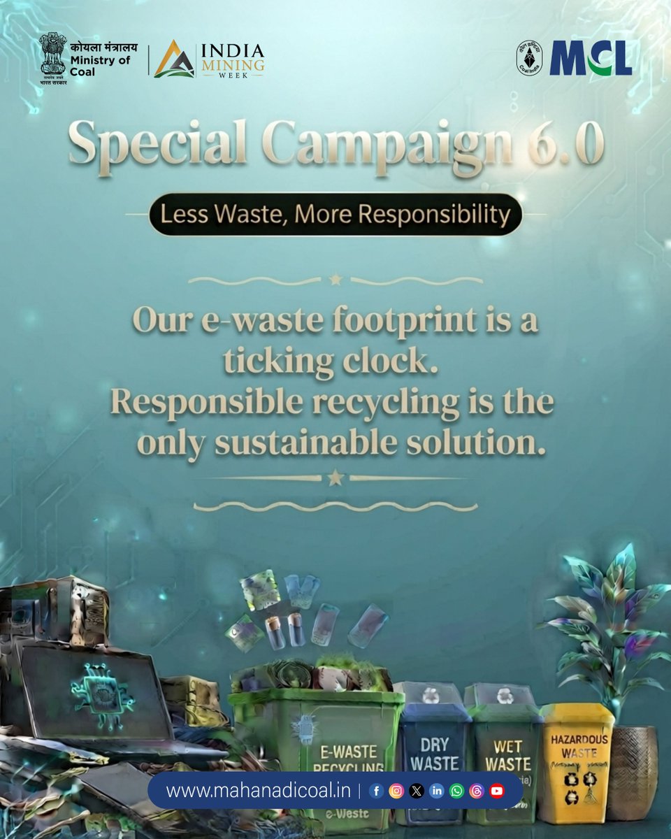 mahanadicoal's tweet photo. Special Campaign 6.0 | E-Waste Management
Don’t let e-waste become a burden—turn it into a resource.
Choose responsible recycling for a cleaner planet and a sustainable tomorrow.
#specialcampaign6 #SwachhataHiSeva #SwachhataHiSeva2026 #SHS2026 #Swachhotsav #SwachhBharat #mymcl #coalindia #EwasteManagement #CoalIndia
@kishanreddybjp @satishdubeyy @CoalMinistry @CoalIndiaHQ @DARPG_GoI @MoJSDDWS @SwachhBharatGov @swachhbharat @MoHUA_India